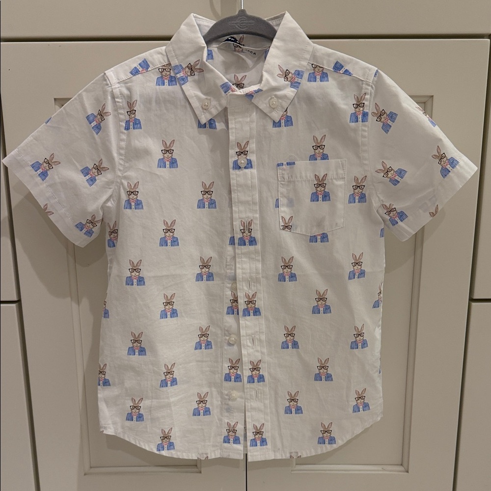 Janie and Jack White Short-Sleeve Button-Up with Blue Bunny Print